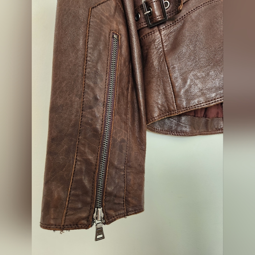 Marc New York Andrew Marc Brown Leather Funnel High Collar Jacket - Picture 6 of 15